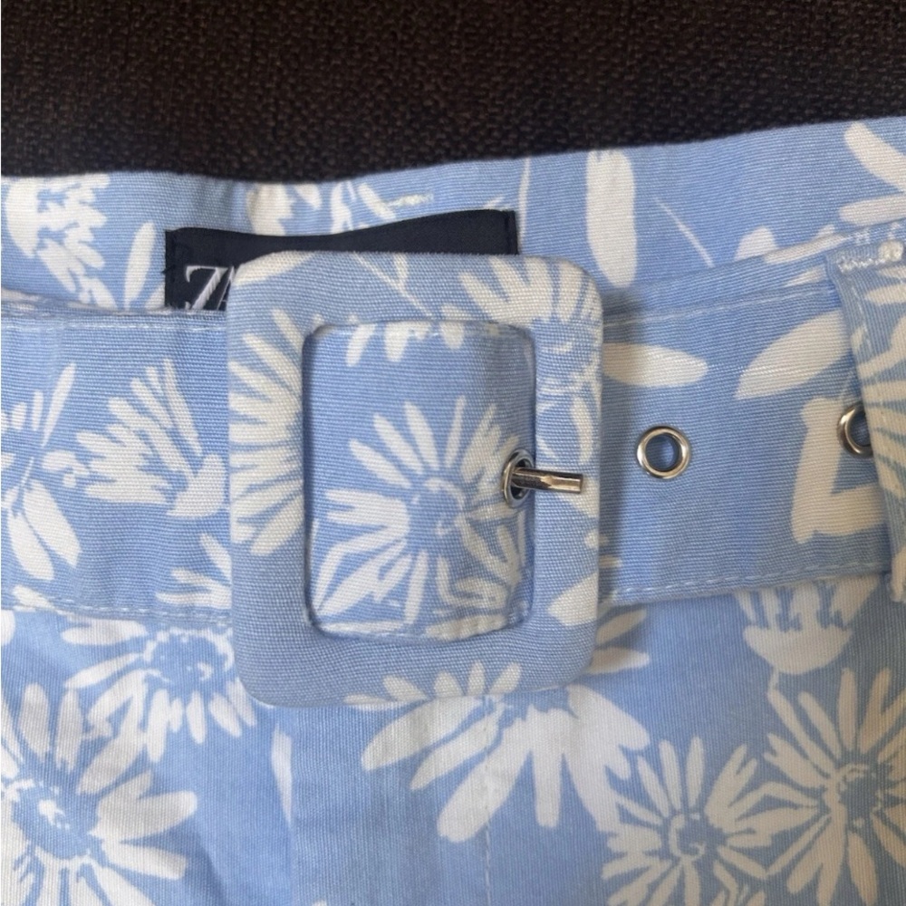 Zara Light Blue-White High-Waist Floral Belted Summer Resortwear Mini Shorts Med - Picture 3 of 5